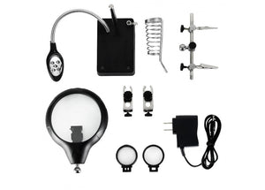 Tercera mano con lupas auxiliares, luz led y adaptador de corriente.