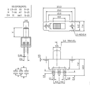 Interruptor deslizante de 6 pines 2P2T 7x19