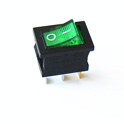 Suiche tipo balancín de 2 contactos verde con luz 15x21mm